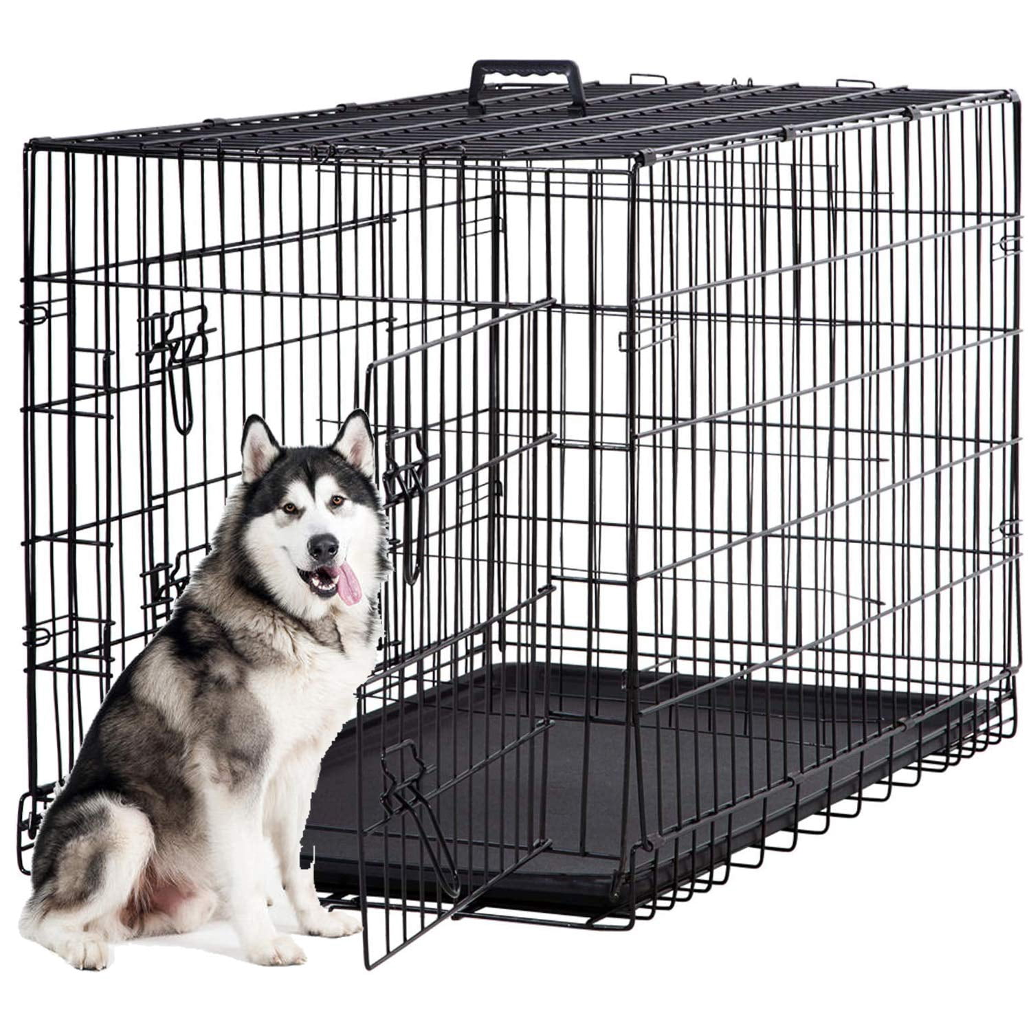 42-Inch Large Dog Crate Metal Wire Kennel for Indoor Outdoor Use, Foldable Pet Cage with 2 Doors Safety Lock, ABS Tray and Handle, Black