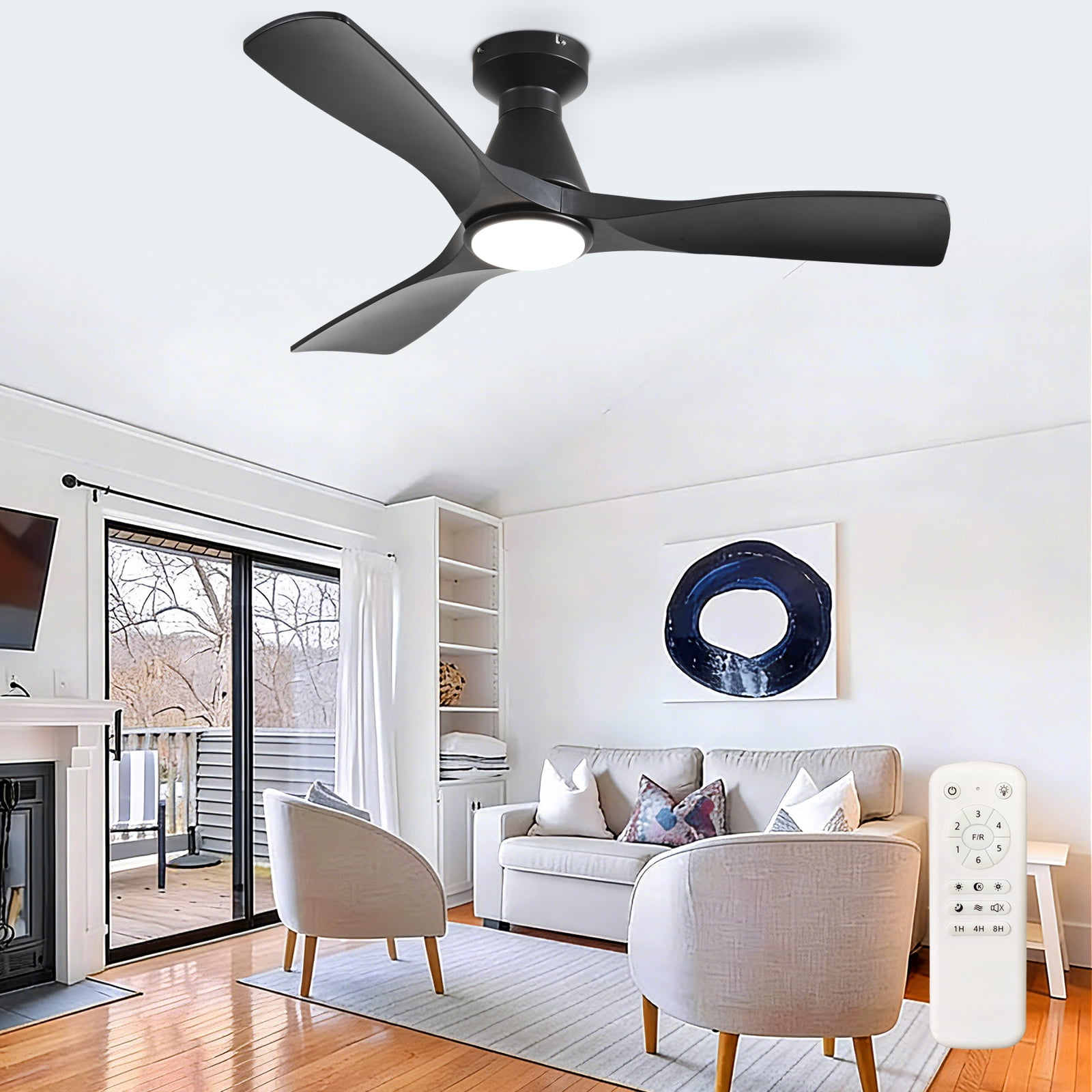 42-Inch Low Profile Flush Mount Ceiling Fan with Light - Black 3-Blade, Remote Control, Dimmable ＆ Timer, Ultra Quiet DC Motor, Hanging Fan for Indoor/Outdoor Use