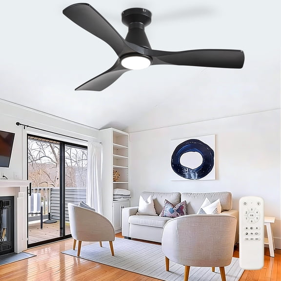 42-Inch Low Profile Flush Mount Ceiling Fan with Light - Black 3-Blade, Remote Control, Dimmable ＆ Timer, Ultra Quiet DC Motor, Hanging Fan for Indoor/Outdoor Use