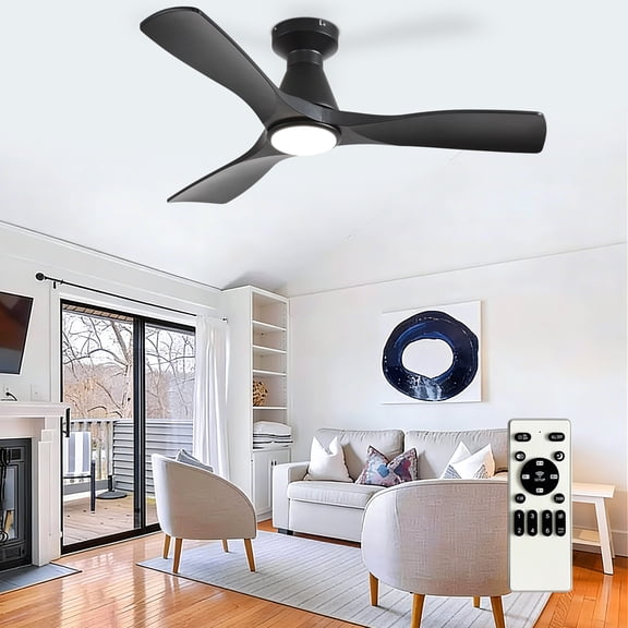 42-Inch Low Profile Flush Mount Ceiling Fan with Light - Black 3-Blade, Remote Control, Dimmable & Timer, Ultra Quiet DC Motor, Hanging Fan for Indoor/Outdoor Use