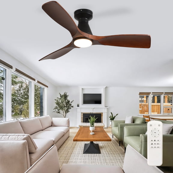 42-Inch Low Profile Flush Mount Ceiling Fan with Light - Walnut 3-Blade, Remote Control, Dimmable ＆ Timer, Ultra Quiet DC Motor, Hanging Fan for Indoor/Outdoor Use