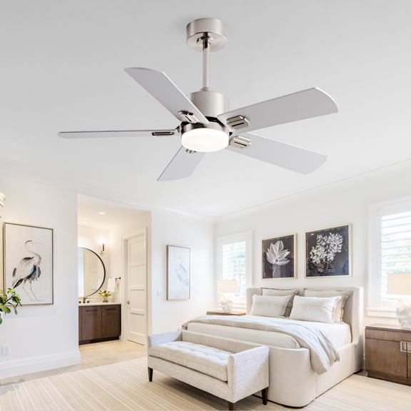 42 Inch Low Profile Modern Ceiling Fan with Dimmable LED Light & Remote Control, Quiet Reversible 6-Speed DC Motor, 5 Solid Wood MDF Blades, Memory Timer Function for Bedroom Kitchen Patio Indoor Out