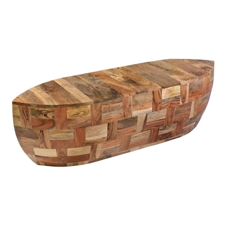 42 Inch Mango Wood Oval Canoe Shape Coffee Table, Weathered Brown- Saltoro Sherpi