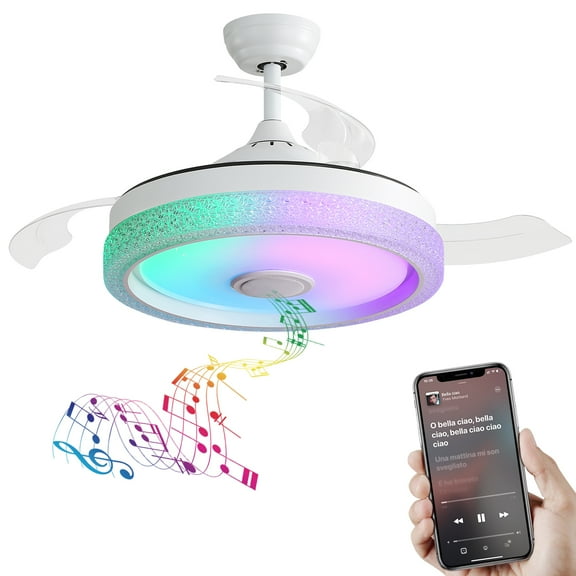 42 Inch Modern Invisible Ceiling Fan with RGB LED Light, Reversible DC Motor, Bluetooth Speaker, Remote & APP Control, 6 Speed, Timer
