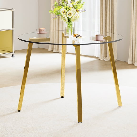 42 Inch Modern Minimalist Round Tempered Glass Dining Table for 4 with Metal Legs for Kitchen Dining Living Room