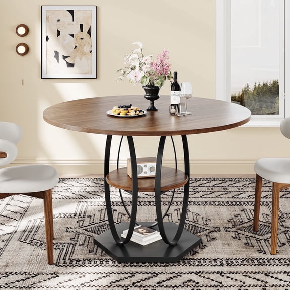 VNT 42" Round Dining Table with Storage Shelf, Circle Dinner Table for Kitchen & Dining Room(Walnut)