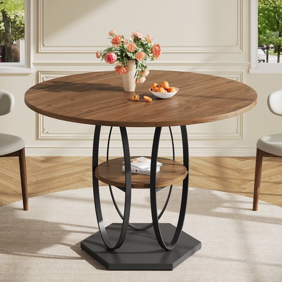 VNT 42" Round Dining Table with Storage Shelf, Circle Dinner Table for Kitchen & Dining Room(Walnut)