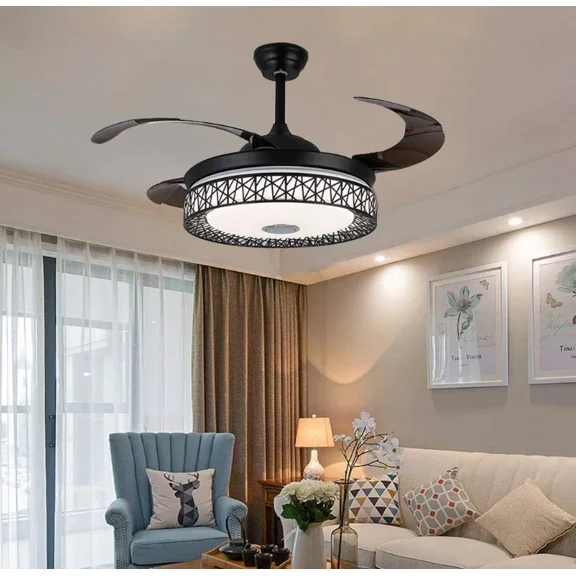 42 Inch Modern Simple Bird's Nest Ceiling Fan Light, Invisible Tri-Color Dimmable Bedroom Fan Light, Restaurant Chandelier Ceiling Fan (Black)