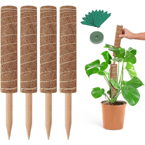 42 Inch Moss Pole for Plants, 4 Pcs 15 Stackable Coir Totem Support, Sticks with 15pcs Labels and 78in Garden Ties, Monstera Snake Plants Stake Climbing Indoor
