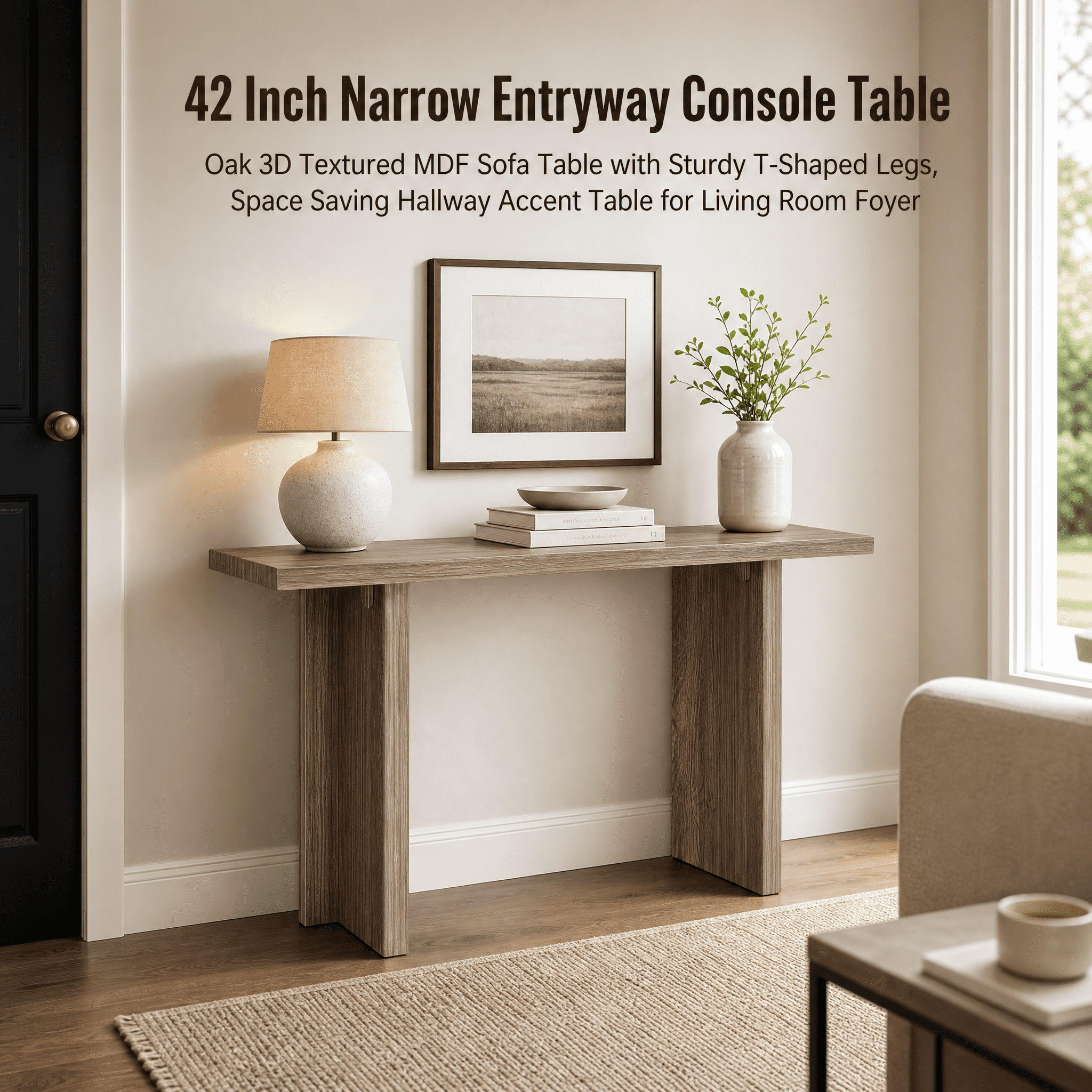 42 Inch Narrow Entryway Console Table, Oak 3D Textured MDF Sofa Table with Sturdy T-Shaped Legs, Space Saving Hallway Accent Table for Living Room Foyer