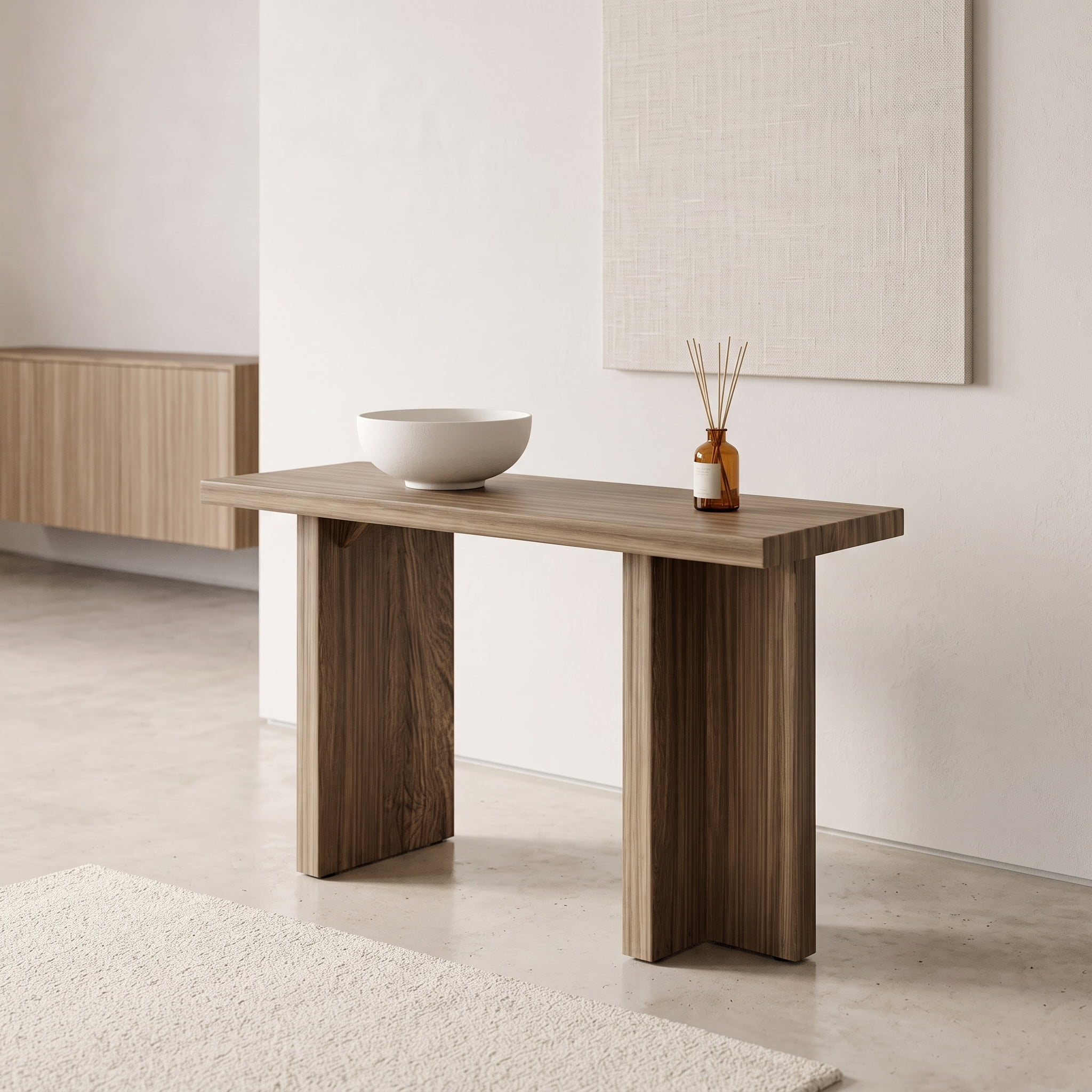 42 Inch Oak Entryway Console Table, T-Leg MDF Table with 3D Paper Laminate, Narrow Table for Hallway Living Room