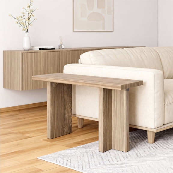 42 Inch Oak Entryway Console Table, T-Leg MDF Table with 3D Paper Laminate, Narrow Table for Hallway Living Room