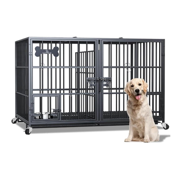 42 Inch Open Top Metal Dog Crate, 4 Lockable Wheels Detachable Tray Bowl, Indoor Kennel for Medium Large Pet Daily Use