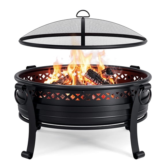 42 Inch Outdoor Fire Pit with Spark Screen and Fire Poker, Durable Steel Wood Burning Firepit Table for Backyard Patio Camping Gatherings, Black
