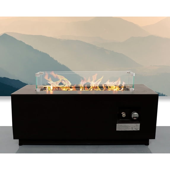 42 Inch Outdoor Propane Gas Fire Pit Table, 50,000 BTU Auto-Ignition Gas Firepit with Glass Wind Guard, Alloy Wood Grain Tabletop -Black