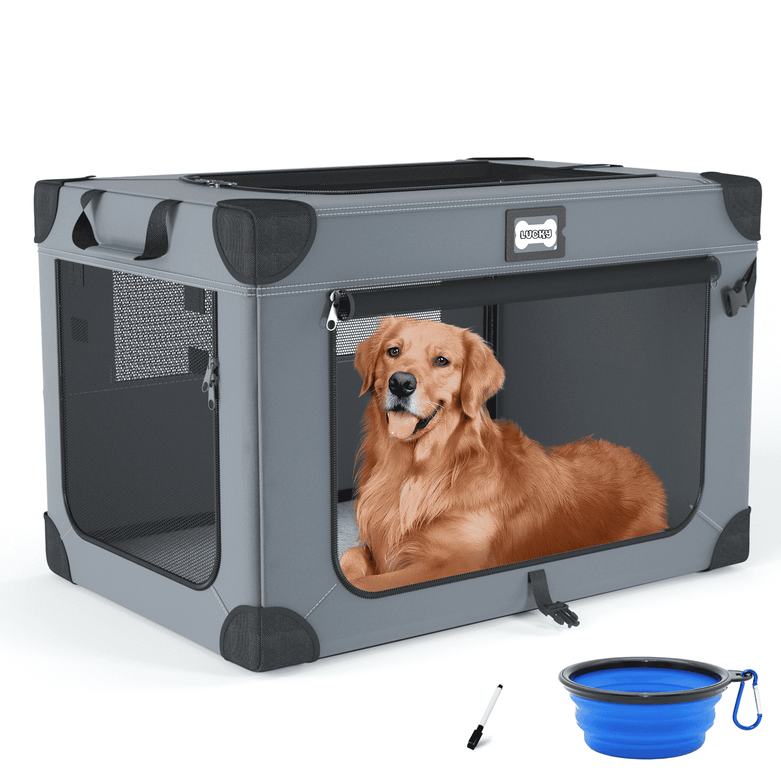 42 Inch Portable Travel Crate for Extra Large Dogs Indoor & Outdoor, 3-Door Foldable Pet Kennel with Fleece Bed and a Folding Bowl