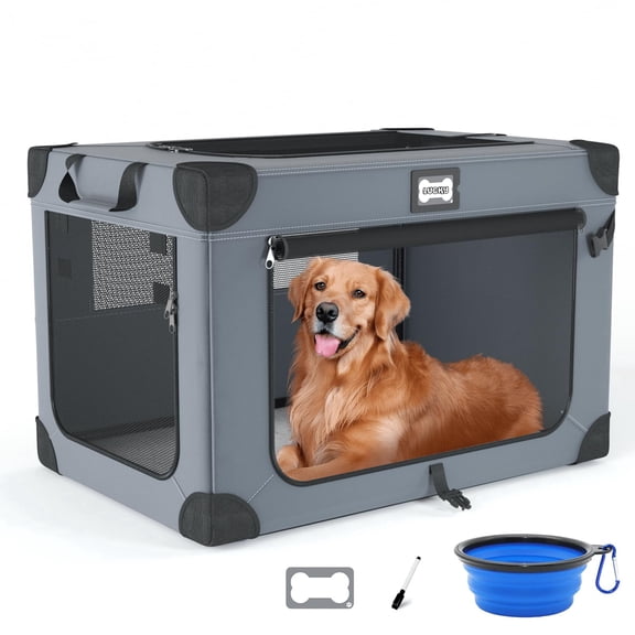 42in Collapsible Dog Crate, Portable Soft Travel Dog Crate with Bowl, Foldable Pet Kennel Carrier, with Signature Card and Pen, Gray