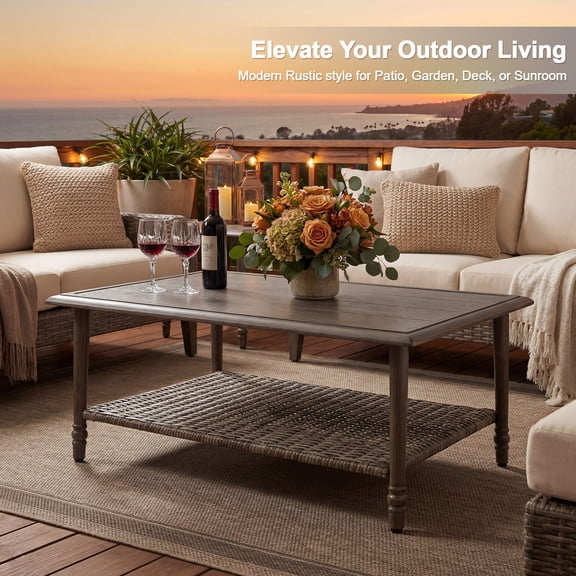 42 Inch Rectangular Outdoor Coffee Table with Large Wicker Storage Shelf Patio, Garden, Backyard Furniture