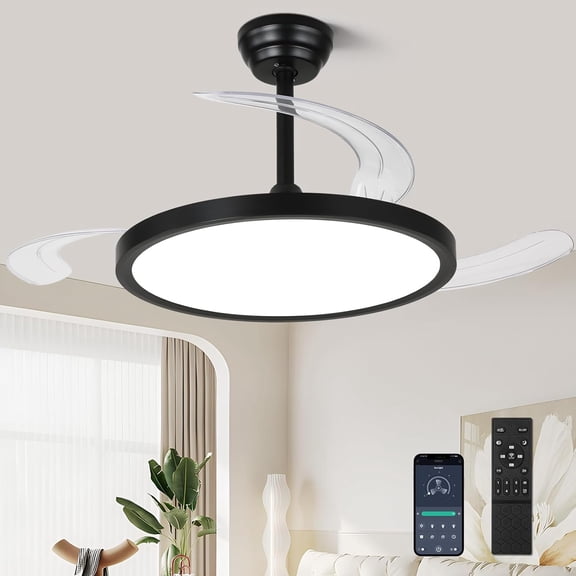 42 Inch Retractable Ceiling Fan with Light, 6-Speed Dimmable Quiet Fan, Modern Remote Control Ceiling Fan for Bedroom Living Room Kitchen in Black
