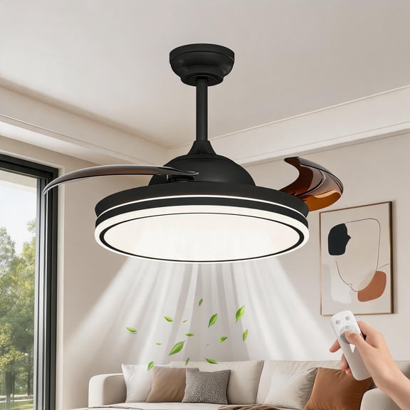 42 Inch Retractable Invisible Blade Ceiling Fan With 36W 3CCT Dimmable LED Light, 6 Speed Pure Copper DC Motor And Remote Control