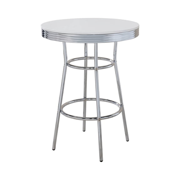 42 Inch Round Bar Table, Ribbed Apron, Glossy White Lacquer, Retro Style