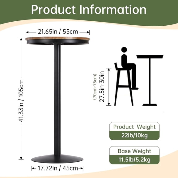 42 Inch Round Bar Table with Solid Wood Top and Sturdy Metal Base, Rustic Industrial Pub Table for Kitchen Dining Room Home Bistro