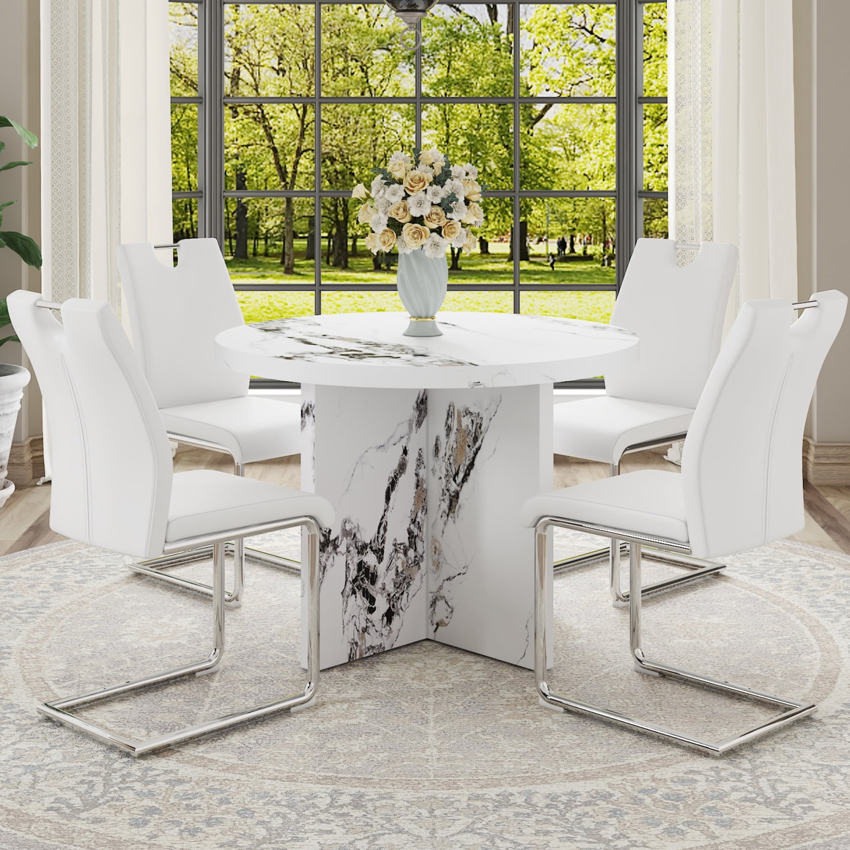 42 Inch Round Dining Table for 4-6, Modern Compact Kitchen Table with ...
