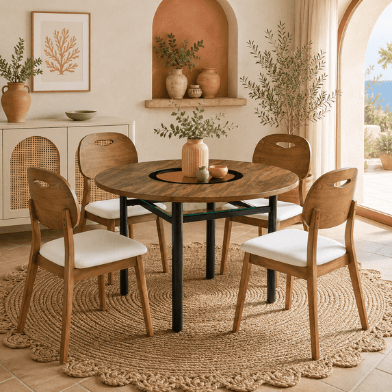 42 Inch Round Dining Table Set with 4 Walnut Chairs and PU Leather Seats for Dining Room