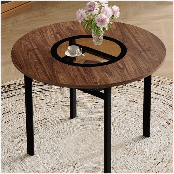 42 Inch Round Dining Table for Small Space, Modern Brown Wood & Tempered Glass Top, Sturdy Metal Base, Kitchen & Breakfast Nook Table