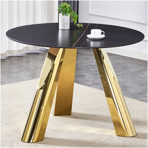 42 Inch Round Dining Table with Gold Base, Black Sintered Stone Top for Kitchen, Seats 6, Easy Clean Modern Design