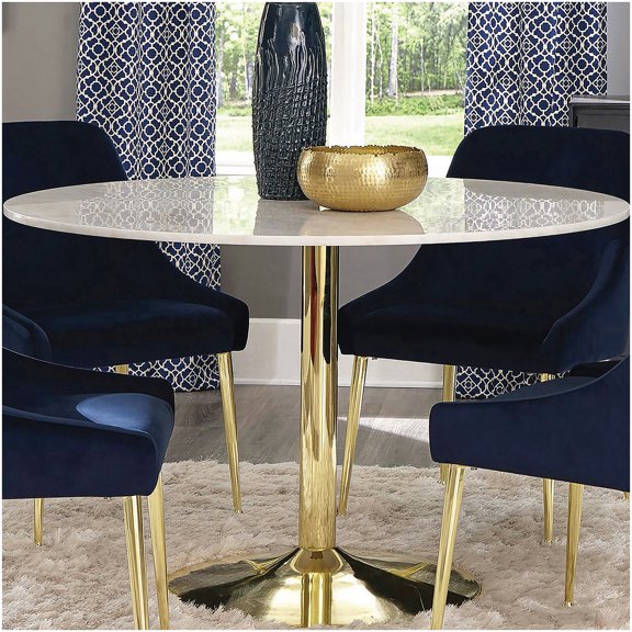 42 Inch Round Dining Table with White Marble Top and Brass Pedestal Base