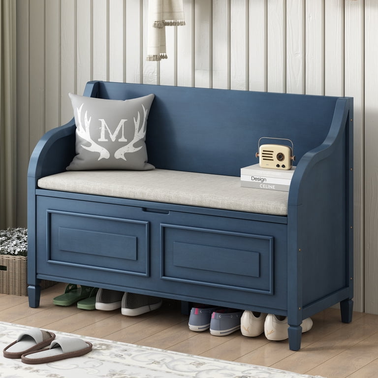 42 Inch Rustic Storage Bench With Removable Cushion & Safety Hinge - White Entryway, Hallway, Mudroom Bench