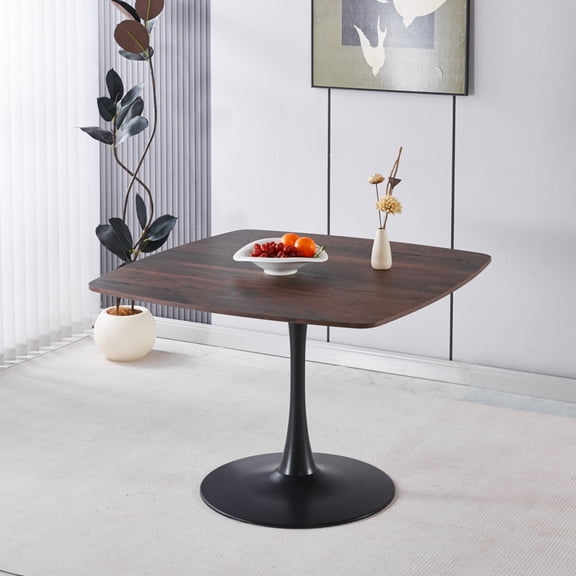 42 Inch Square Dining Table Walnut Brown Mid-Century Modern Tulip Style  Sturdy Metal Pedestal Base Seats 4-6 for Small Space Apartment Dining Room Kitchen