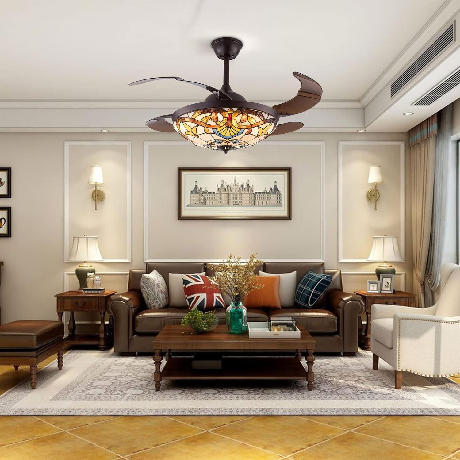42 Inch Tiffany Style Invisible Ceiling Fan with Lights and Remote Control,Retractable Blades 3 Speeds 3 Light Changes Fandelier Chandelier Fan,Indoor Ceiling Lighting Fixture