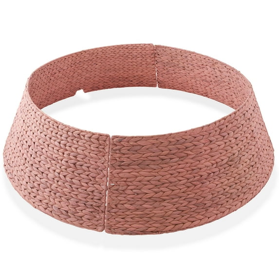42-Inch Water Hyacinth Christmas Tree Collar, Woven Tree Base Cover with Cord Cut Out, Pink
