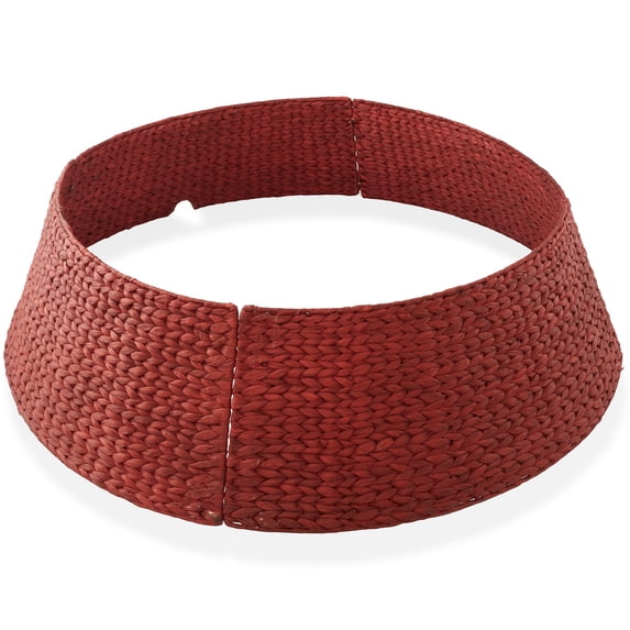 42-Inch Water Hyacinth Christmas Tree Collar, Woven Tree Base Cover with Cord Cut Out, Red