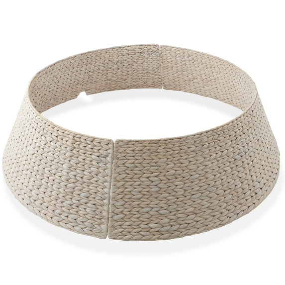 42-Inch Water Hyacinth Christmas Tree Collar, Woven Tree Base Cover with Cord Cut Out, White