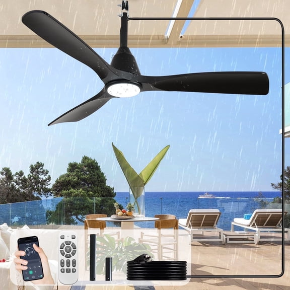 42-Inch Waterproof Ceiling Fan with Light - Plug-in Hanging Fan Remote & App Control, 3CCT LED for Gazebo & Patio, Black Blades