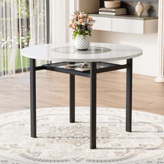 42 Inch White Round Dining Table, Mdf Top, Gray Glass Inlay, Metal Legs ...