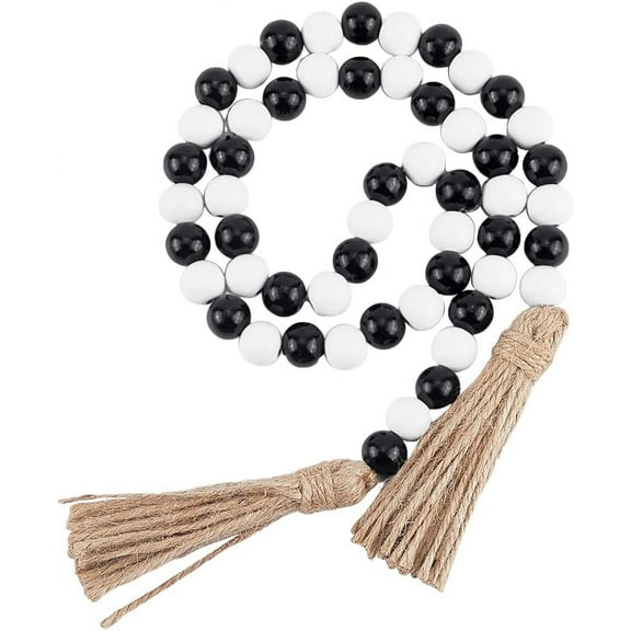 42 Inch Wood Bead Garland Decor Rustic Country Farmhouse Boho Home Black White Wooden Beads Tassel Wall Hanging Ornaments for DIY Coffee Table Wall Shelf Tray Vase Living Room Bedroom