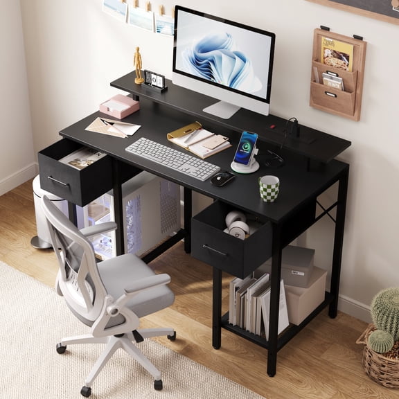 Computer Desk with Drawers, 42 Inch Home Office Desk Study Writing Table, Gaming Desk with USB Power Outlets, Office Desk with Fabric Drawer, Work Table with Shelf for Bedroom, Black