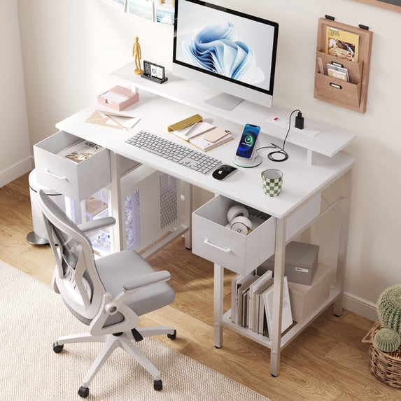 Computer Desk with Drawers, 42 Inch Home Office Desk Study Writing Table, Gaming Desk with USB Power Outlets, Office Desk with Fabric Drawer, Work Table with Shelf for Bedroom, White