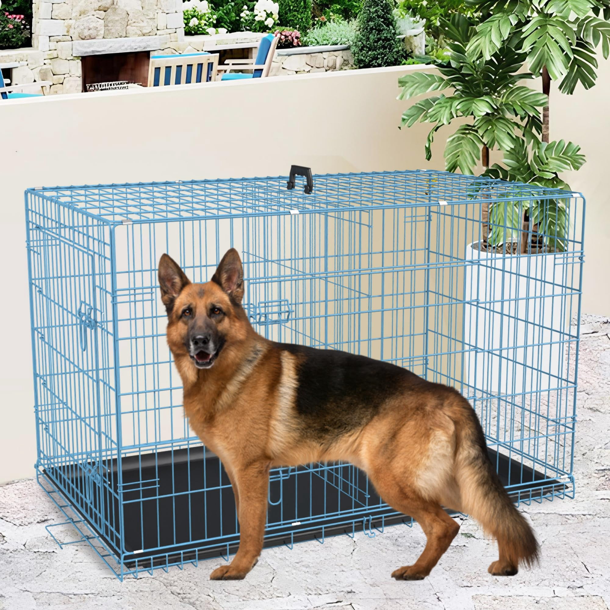 42 Inches Large Dog Crate with Divider Panel, Double Door Folding Metal Wire Dog Cage with Plastic Leak-Proof Pan Tray, Pet Kennel for Indoor, Outdoor, Travel, Blue