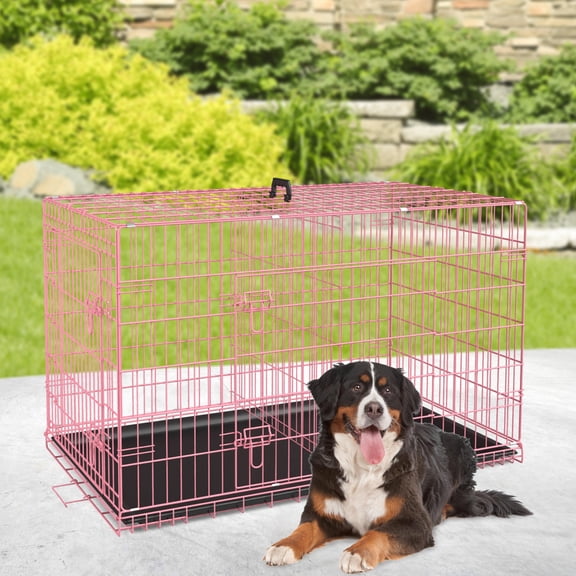 42 Inches Large Dog Crate with Divider Panel, Double Door Folding Metal Wire Dog Cage with Plastic Leak-Proof Pan Tray, Pet Kennel for Indoor, Outdoor, Travel, Pink