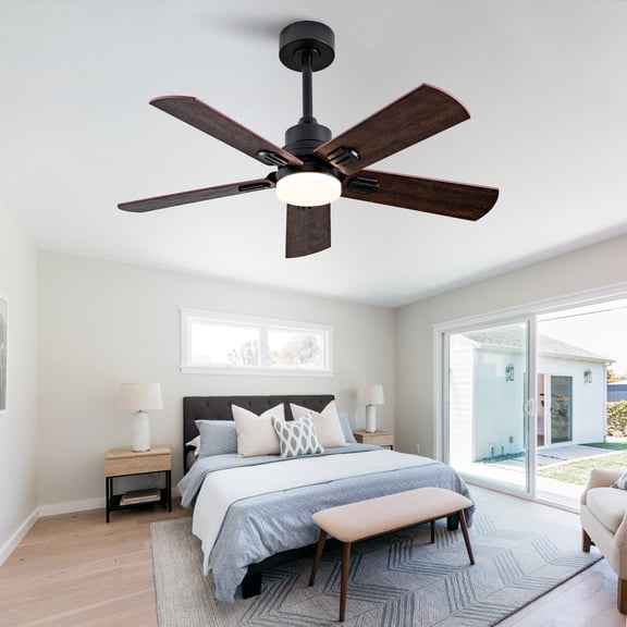 42" Indoor/Outdoor Ceiling Fan with Light, Dual Finish Black/Walnut 6-Blade, Remote Control, Dimmable LED, 6-Speed Quiet DC Motor, Reversible