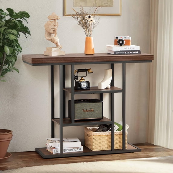 42" Industrial Console Table, Narrow 4-Tier Wood Entryway Table for Living Room, Accent Tables Living Room, Hallway Table, Sofa Table for Front Door, Hallway, Foyer, Rustic Grey