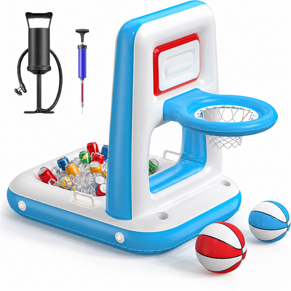 42" Inflatable Pool Basketball Hoop, Poolside Floating Basketball Game Set with Built-In Cooler, 2 Balls and Pump, Blue
