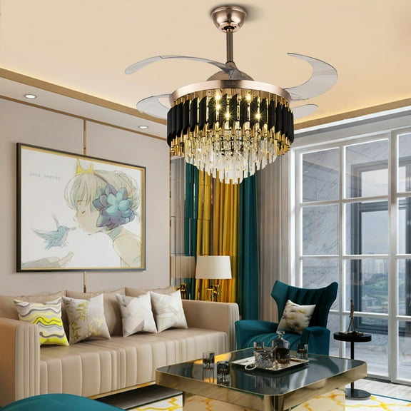 42" Invisible LED 3-Color Ceiling Fan Light Quiet Black Crystal Chandelier Retractable with Remote Control