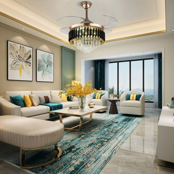 42" Invisible LED Ceiling Fan Light Crystal Chandelier Lamp 3 Color Fandelier 85-265V 72W 6 Gears for A Bedroom, Living Room, Study