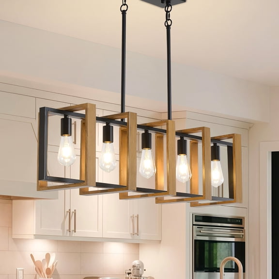 42" Kitchen Island Lighting,5-Light Farmhouse Dining Room Light Fixture,Rustic Wood and Black Metal Rectangular Chandelier for Kitchen Home Office